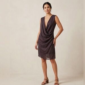 Greta Constantine Dark Grey Plunge Drape Linen Sylvia Tunic Dress Size Large